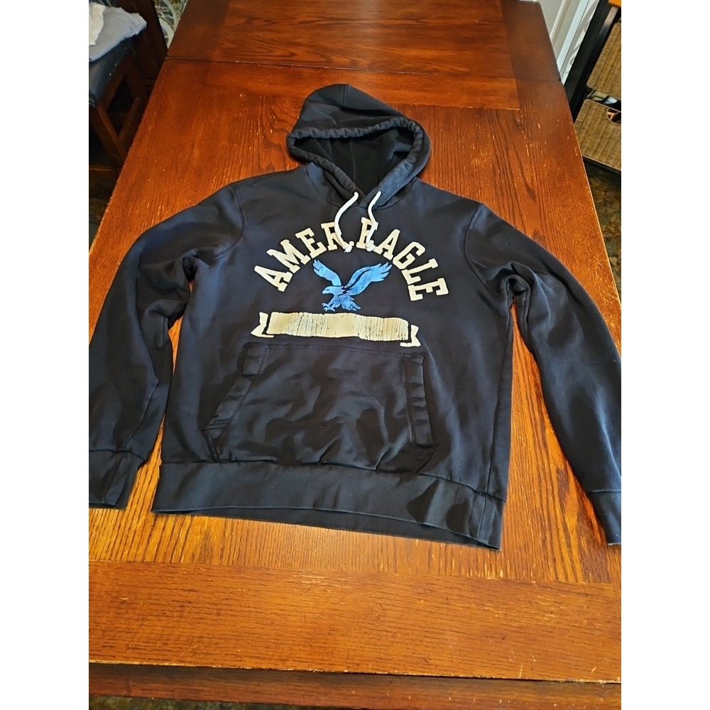 American Eagle Hoodie Mens Small Black Sweatshirt 22" Pit To Pit Graphic Y2K(592